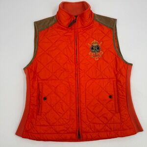 Ralph Lauren Quilted Vest L Orange Brown Trim Equestrian Logo Sleeveless